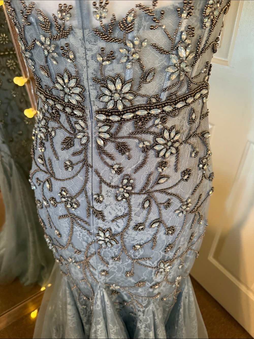 MAC DUGGAL Blue Embellished Lace Evening Gown with Illusion Neckline - Picture 11 of 14